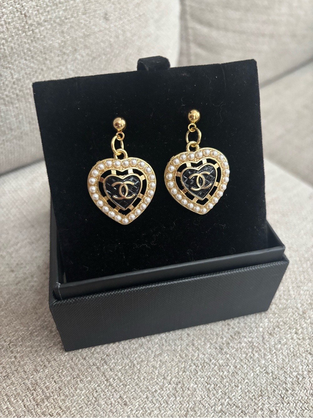 Gold and Black Heart Drop Earrings with Pearl Border Quilted CC